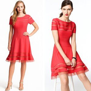NEW Tadashi Shoji Pintuck Jersey Cutout Mesh Stripe Jet Apple Red Dress